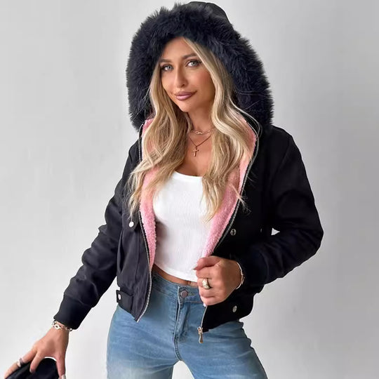 Damen Kurzblouson Winterjacke mit Teddyfutter und abnehmbarer Kunstfellkapuze EB