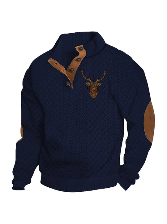 Herren nan Heritage-Strukturpullover mit Stehkragen Lederimitat-Besatz Ellenbogen-Patches und Halbknopfleiste EB