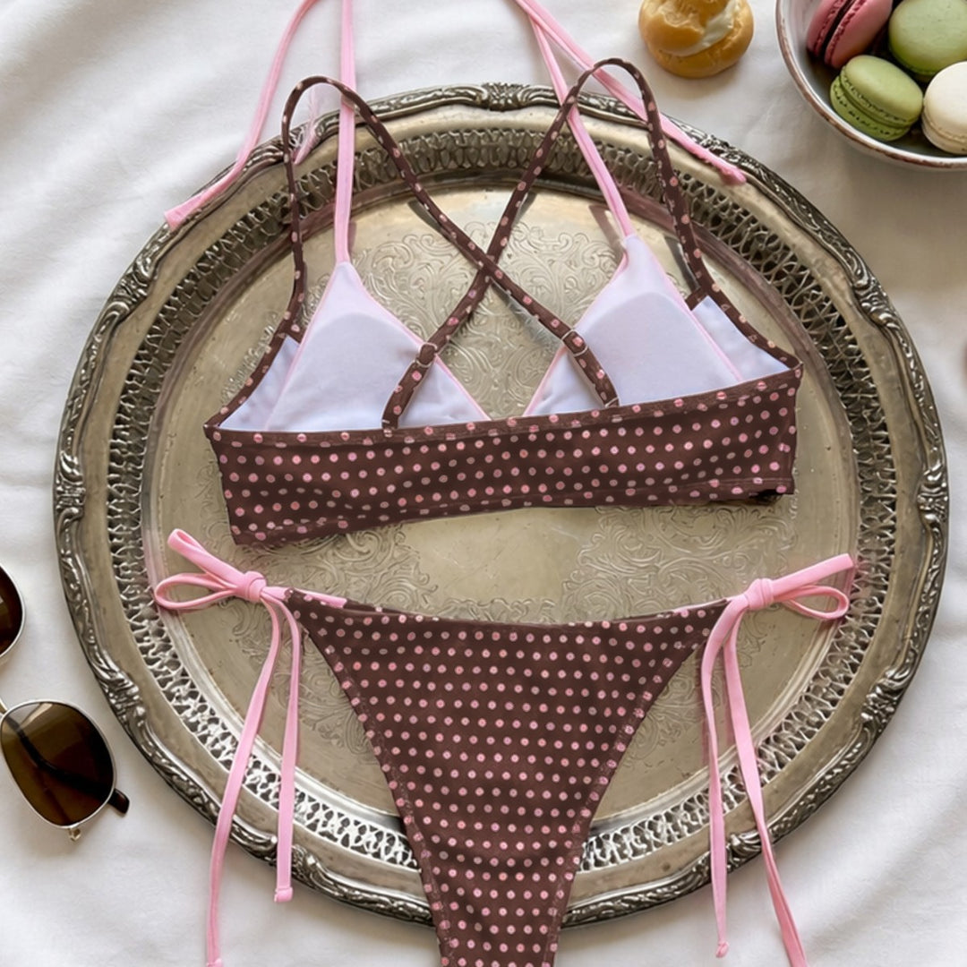 Damen Triangel-Bikini mit verspieltem Punktmuster und verstellbaren Bindebändern EB