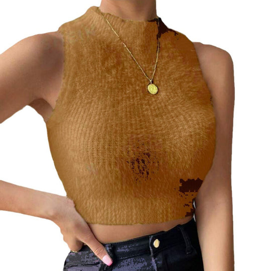 Damen Kurz geschnittenes ärmelloses geripptes Strick-Crop-Top mit Stehkragen EB