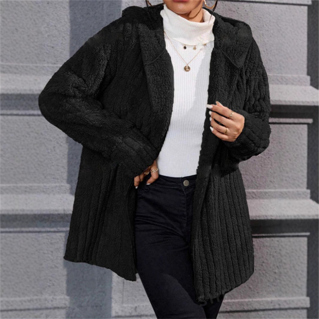 Damen lässige Fleecejacke mit strukturiertem Design und Kapuze EB