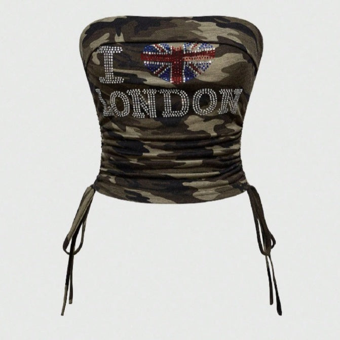 Damen Bustier-Oberteil mit Camouflage-Muster und Strass-Applikationen EB