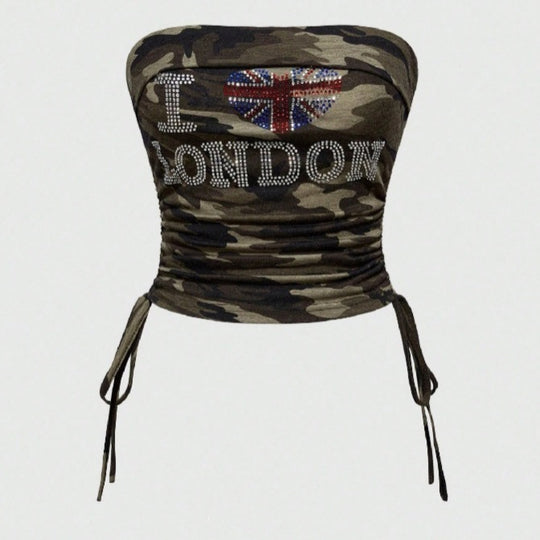 Damen Bustier-Oberteil mit Camouflage-Muster und Strass-Applikationen EB