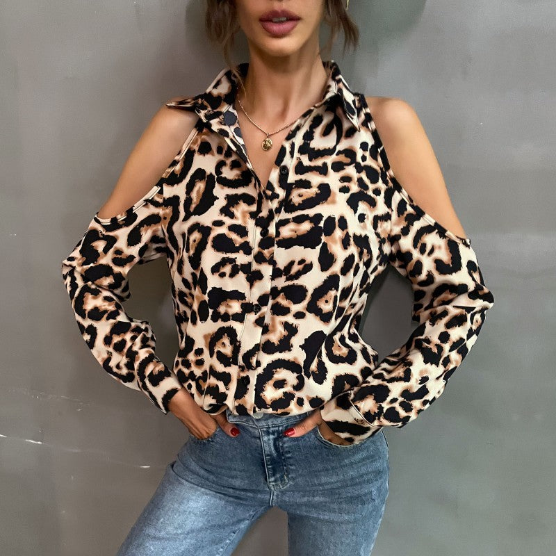 Damen Bluse mit offenen Schultern und Leopardenmuster EB