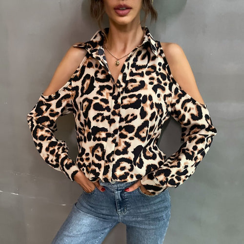 Damen Bluse mit offenen Schultern und Leopardenmuster EB