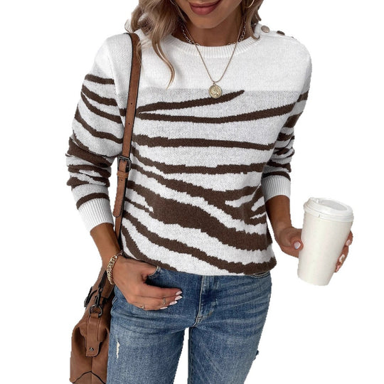 Damen gemütlicher Strickpullover mit modernem Zebrastreifen-Muster und komfortablem Schnitt EB