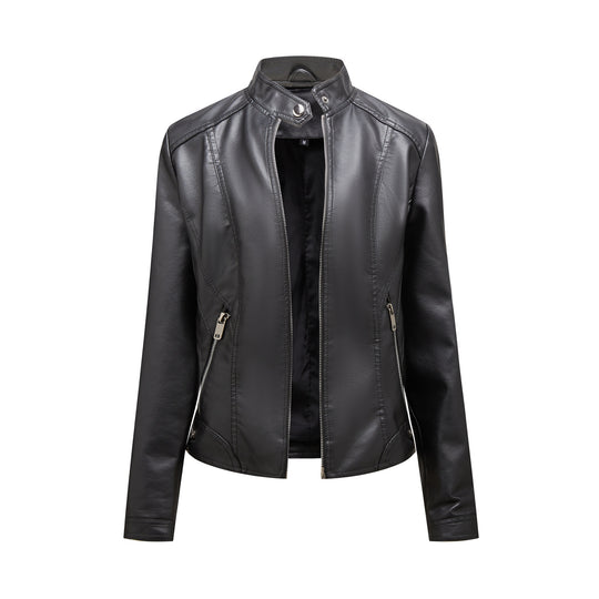 Damen modische Kunstlederjacke mit elegantem Stehkragen und praktischen Reißverschlusstaschen EB