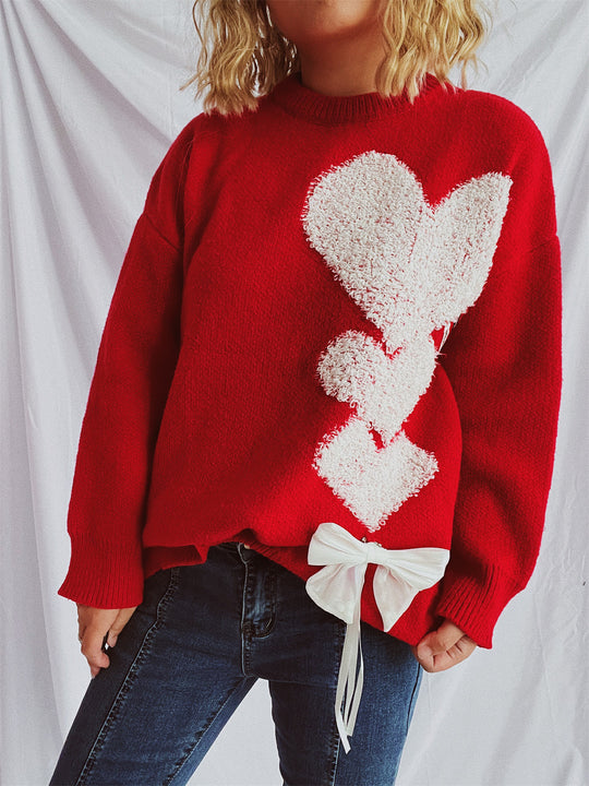 Damen Pullover mit herzförmigem Design und dekorativer Schleife EB