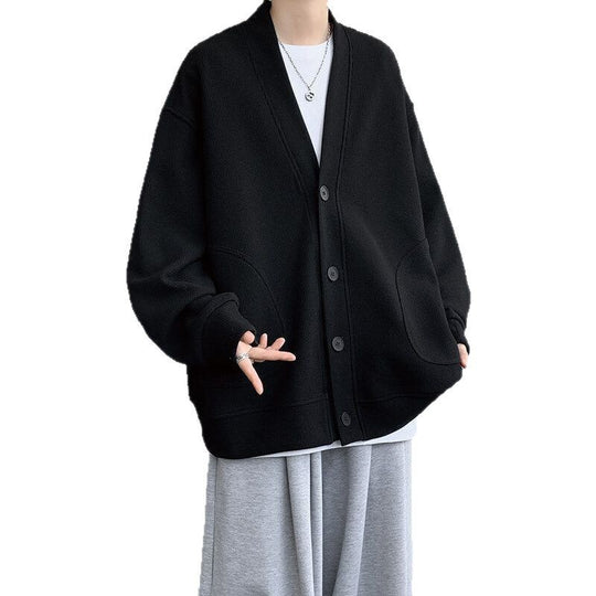Herren nan oversized Strickcardigan mit V-Ausschnitt, aufgesetzten Rundtaschen und lässiger Drop-Shoulder-Silhouette EB
