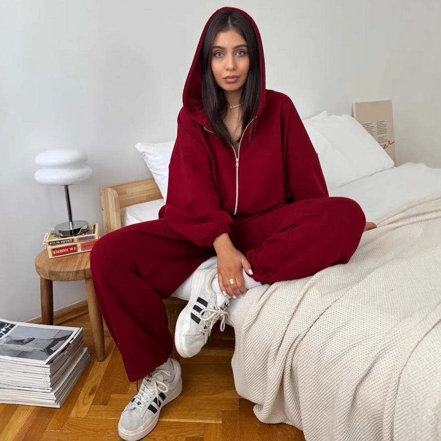 Damen kurzes Kapuzenzipper-Lounge-Set mit oversized Ärmeln und weitem Jogginghose-Schnitt EB