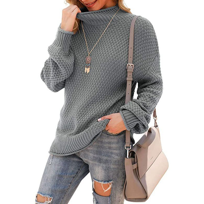 Damen Grobstrickpullover mit hohem Kragen und bequemen Ärmeln EB