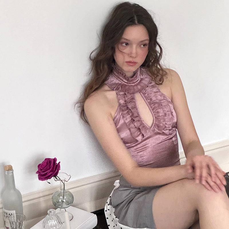 Damen elegantes Top mit rüschendem Stehkragen und tiefem Ausschnitt EB