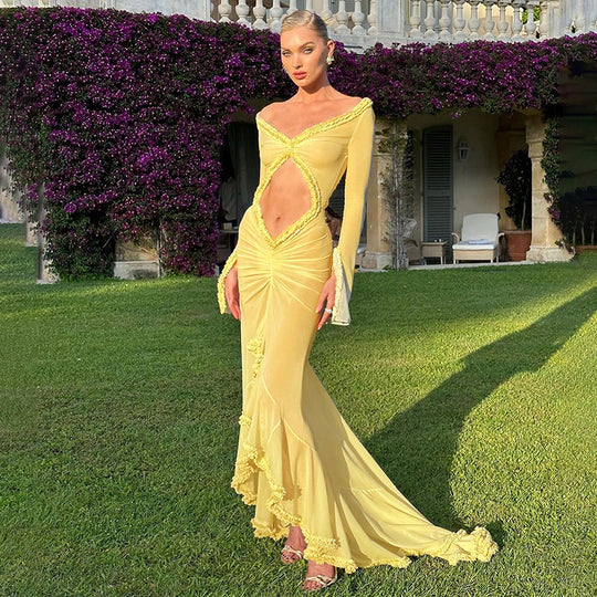 Damen Transparente Maxikleid mit eleganten Rüschendetails und figurbetontem Design EB