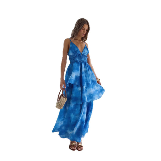 Damen Maxikleid mit voluminösen Rüschenschichten und V-Ausschnitt EB