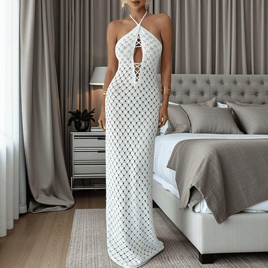 Damen Häkel-Maxi-Kleid mit innovativem Ausschnitt und seitlichen Cut-Outs EB