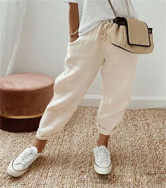 Damen nan legerer Leinen-Jogger mit Kordelzug, Eingrifftaschen und umgeschlagenem Saum EB