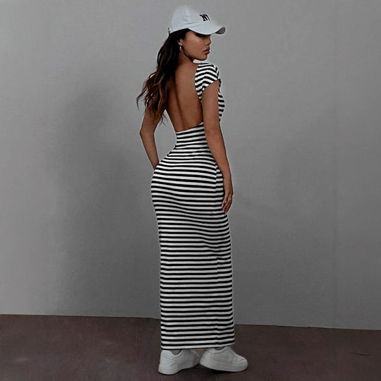 Damen Maxikleid mit offenem Rücken und Stripes EB