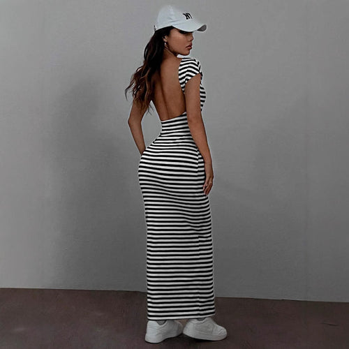 Damen Maxikleid mit offenem Rücken und Stripes EB
