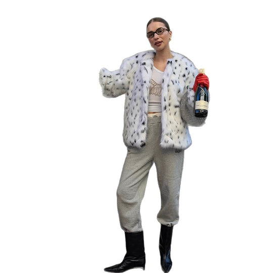Damen Kunstpelzjacke mit modernem Tierdruck EB