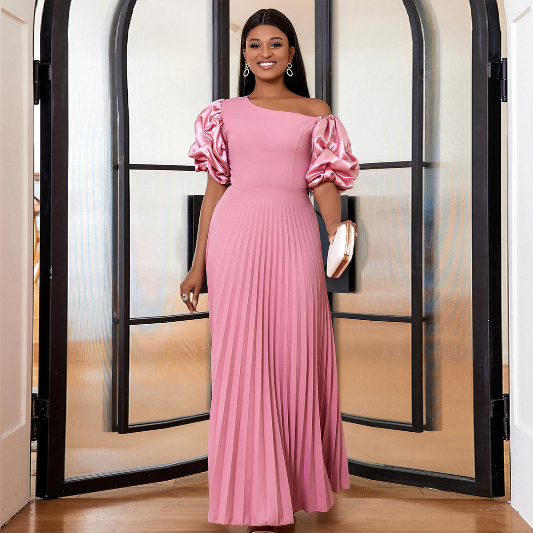 Damen elegantes Maxikleid mit asymmetrischem Schnitt und voluminösen Puffärmeln EB