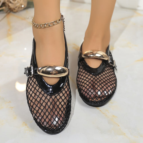 Damen elegante Ballerinas mit netzartigem Obermaterial und dekorativen Schnallen EB