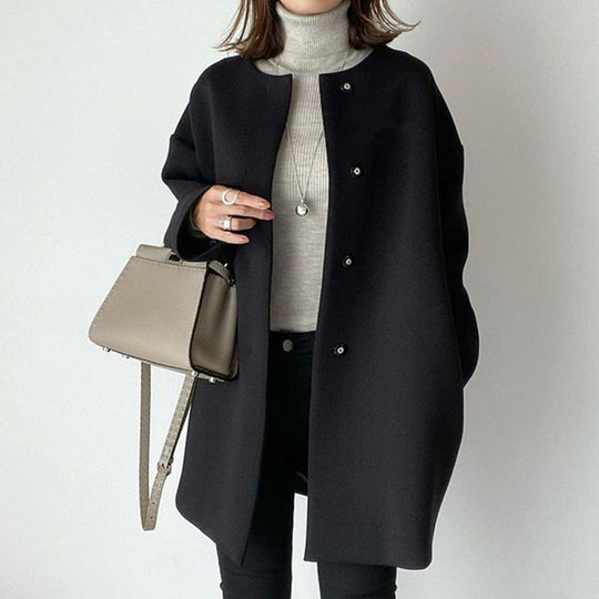Damen Eleganter Oversized Wollmantel mit Doppelknopf-Verschluss und seitlichen Taschen EB