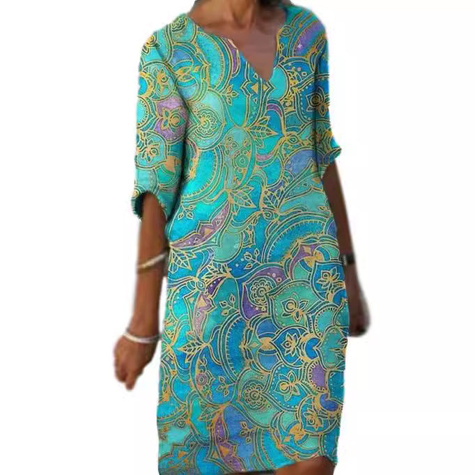 Damen Freizeitleichtkleid mit elegantem V-Ausschnitt und buntem Muster EB