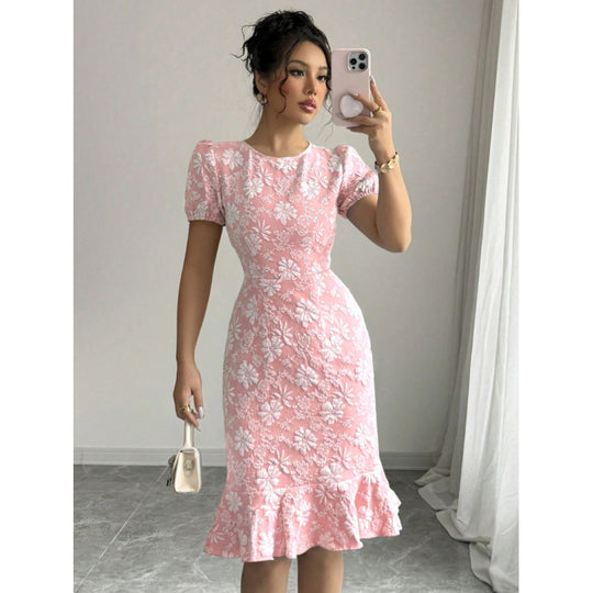 Damen elegantes Midikleid mit voluminösen Ballonärmeln und floralen Akzenten EB