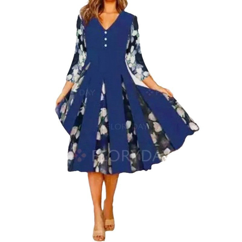 Damen V-Ausschnitt Midi-Kleid mit fließendem Rock und floralem Ärmeldesign EB