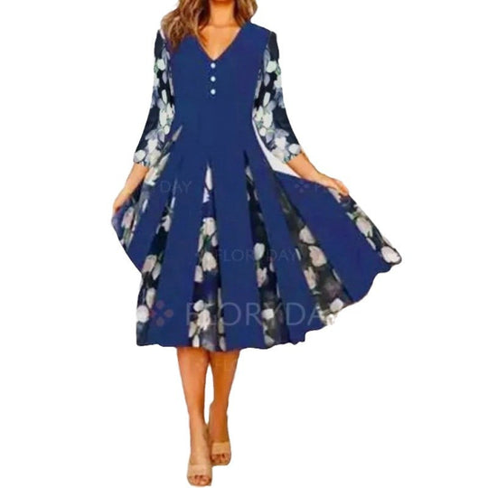 Damen V-Ausschnitt Midi-Kleid mit fließendem Rock und floralem Ärmeldesign EB