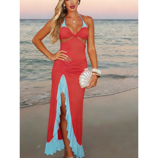 Damen Maxi-Kleid mit raffiniertem Drapierungsdesign und seitlichem Schlitz EB