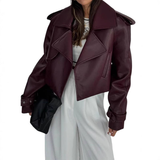 Damen Kunstlederjacke im modischen Biker-Stil mit breitem Revers EB