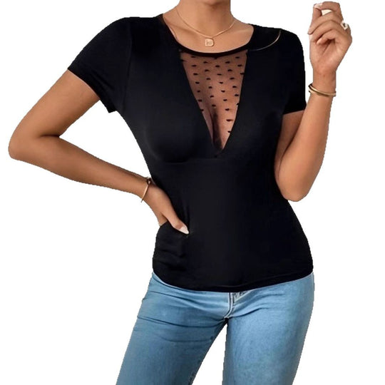 Damen Body mit tiefem V-Ausschnitt und transparenter Netzeinsätzen EB