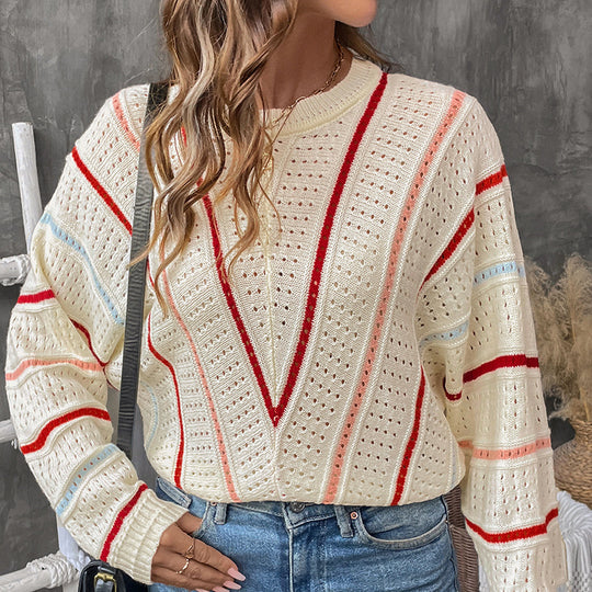 Damen lässiger Strickpullover mit modischem Lochmuster und gestreiftem Design EB