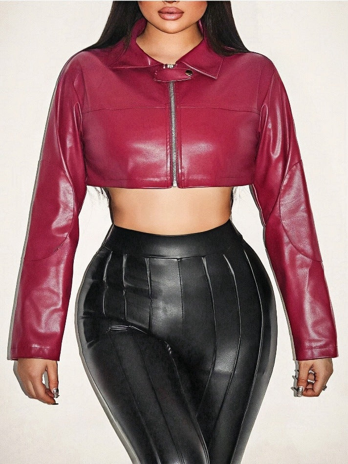 Damen cropped Kunstlederjacke mit innovativem Reißverschluss EB