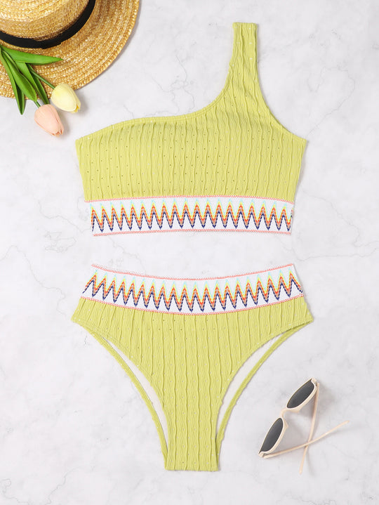 Damen Einseitiger Crop-Bikini mit buntem Jacquardband EB