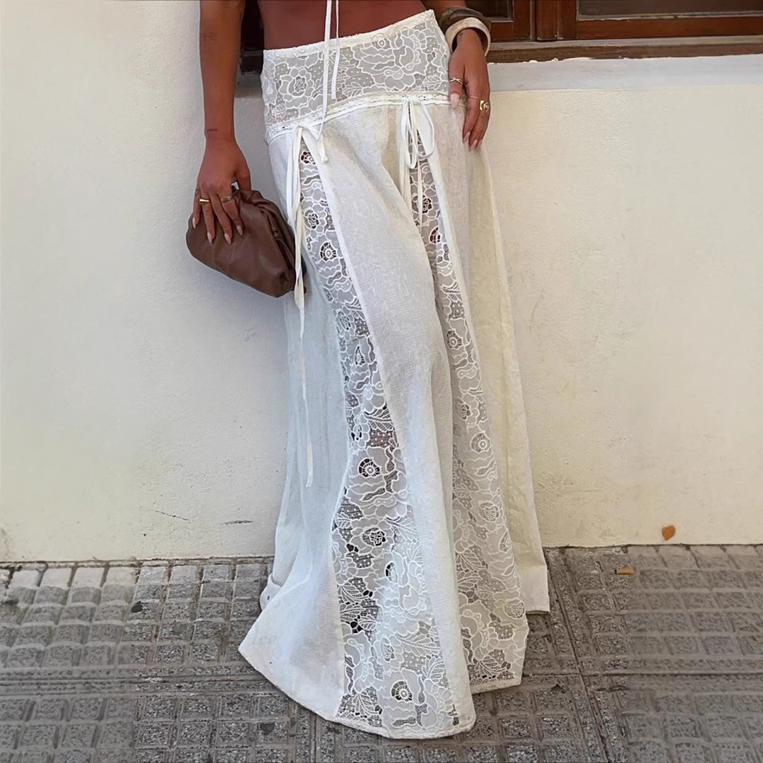 Damen Maxi-Rock mit elegantem Spitzen-Design und seitlichen Bändern EB
