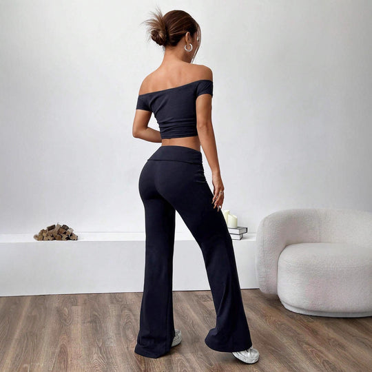 Damen Off-Shoulder Crop-Top und weite Hose Set EB
