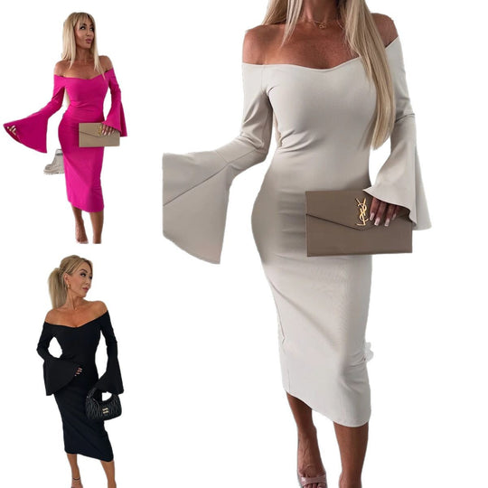 Damen Figurbetontes Wickelkleid mit schulterfreiem Design und weit geschnittenen Ärmeln EB