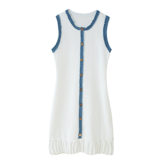 Damen ärmelloses Sommerkleid mit Knopfdetail und Rüschensaum EB