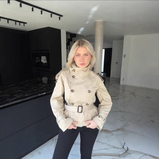 Damen Modischer Trenchcoat mit hohem Kragen und praktischen Seitentaschen EB