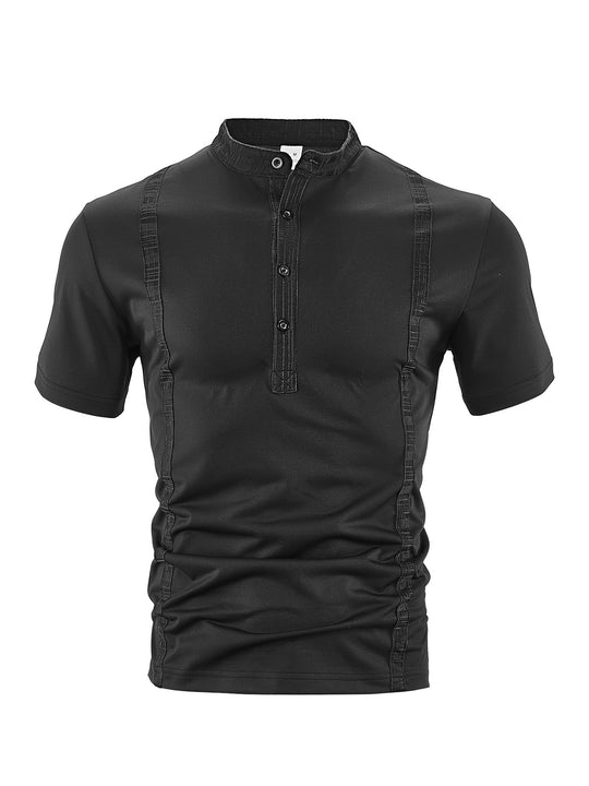 Herren nan Kurzarm-Stehkragenshirt mit verdeckter Knopfleiste, Zierpaspeln und figurbetonter Silhouette EB