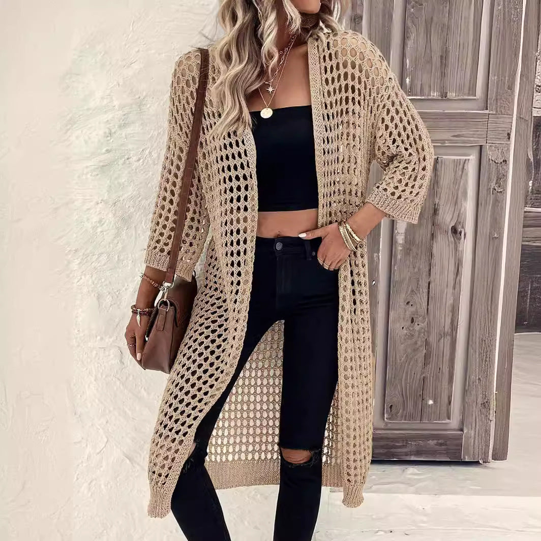 Damen Luftige Häkeljacke mit offenem Design und weiten Ärmeln EB