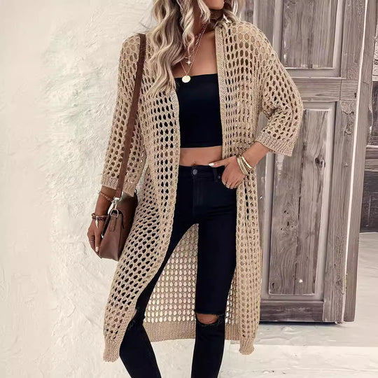 Damen Luftige Häkeljacke mit offenem Design und weiten Ärmeln EB
