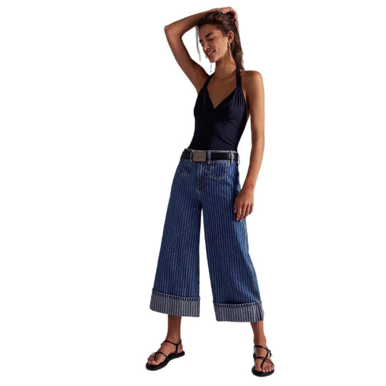 Damen Elegante weit geschnittene Jeans mit aufgenähten Streifen EB