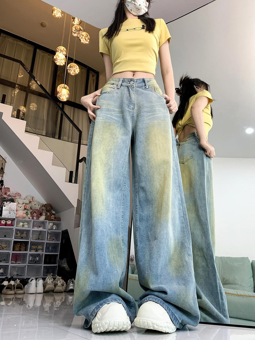 Damen weite High-Waist Jeans im lässigen Stil mit individuellen Waschungen EB