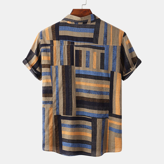 Herren Kurzarmhemd mit kreativem Patchwork-Muster und lockerer Passform EB