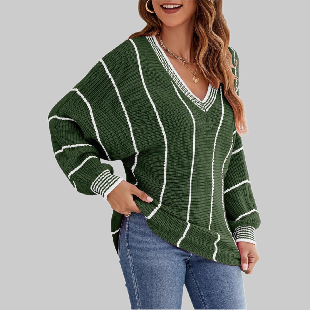Damen Cropped Strickpullover mit V-Ausschnitt, Waffelstruktur und kontrastierenden Streifen EB