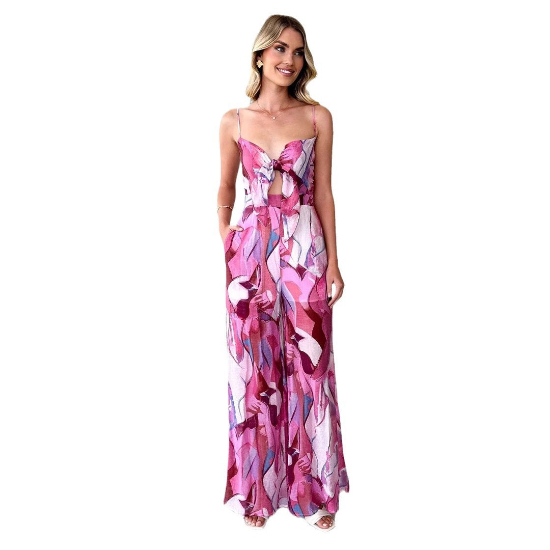 Damen Jumpsuit mit verspieltem Knotendetail und farbenfrohem Muster EB