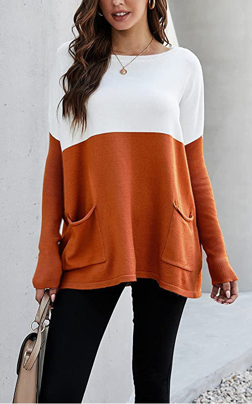Damen Strickpullover mit großen Fronttaschen und kontrastiertem Design EB